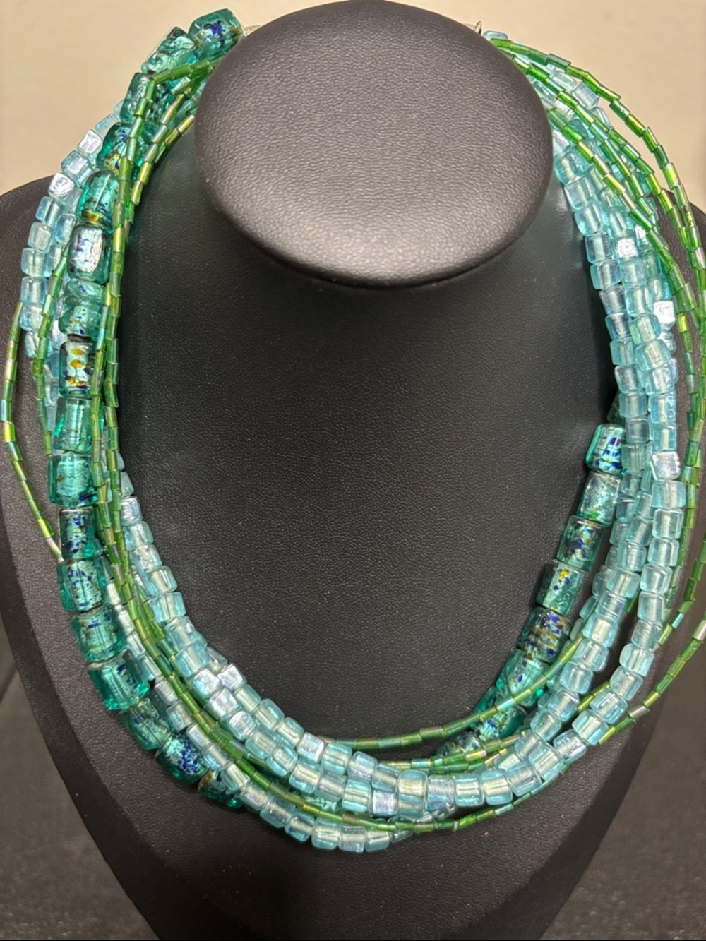 Multi Strand Glass Geometric Beaded Green Blue Choker Collar Statement Necklace